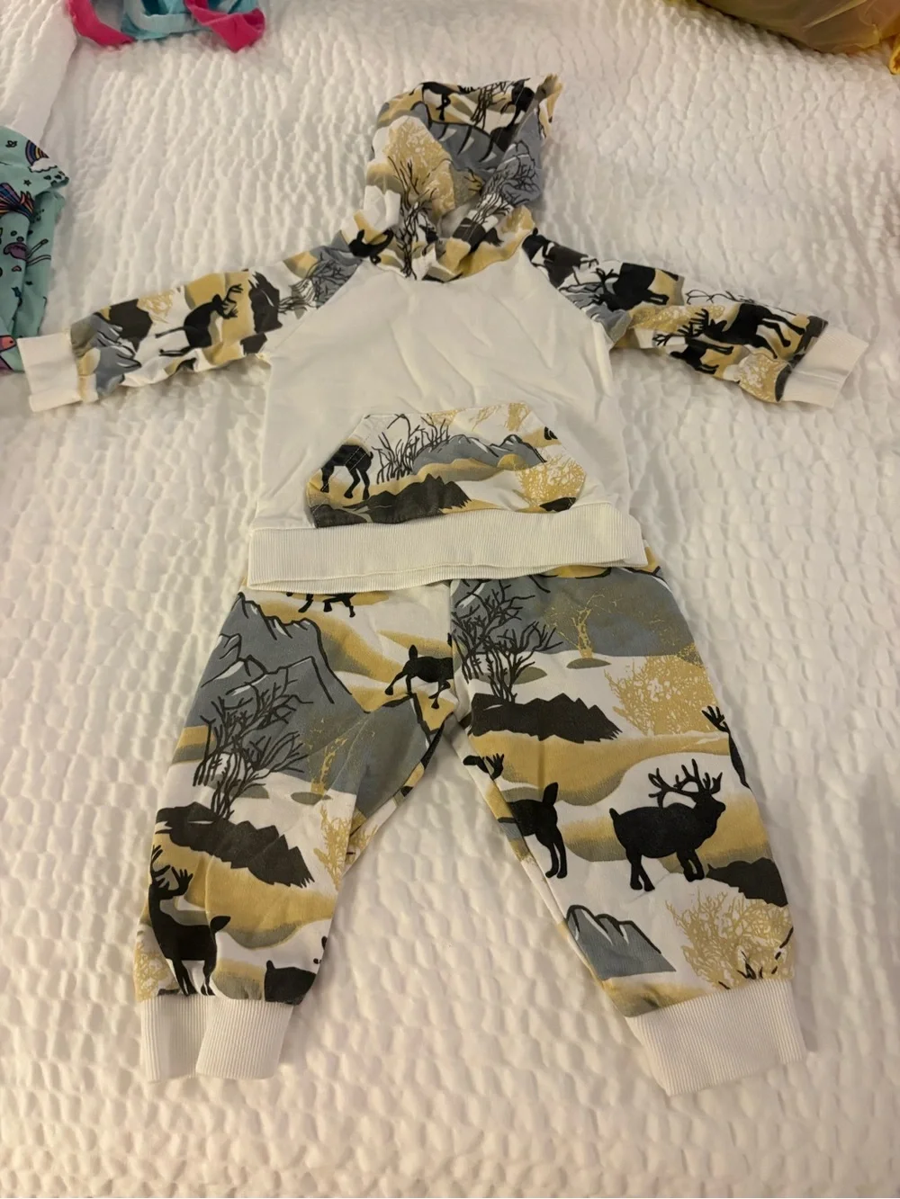Kids Hooded Pajama Set in White, Gray & Gold Moose Print
